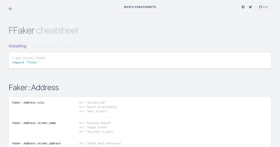FFaker cheatsheet